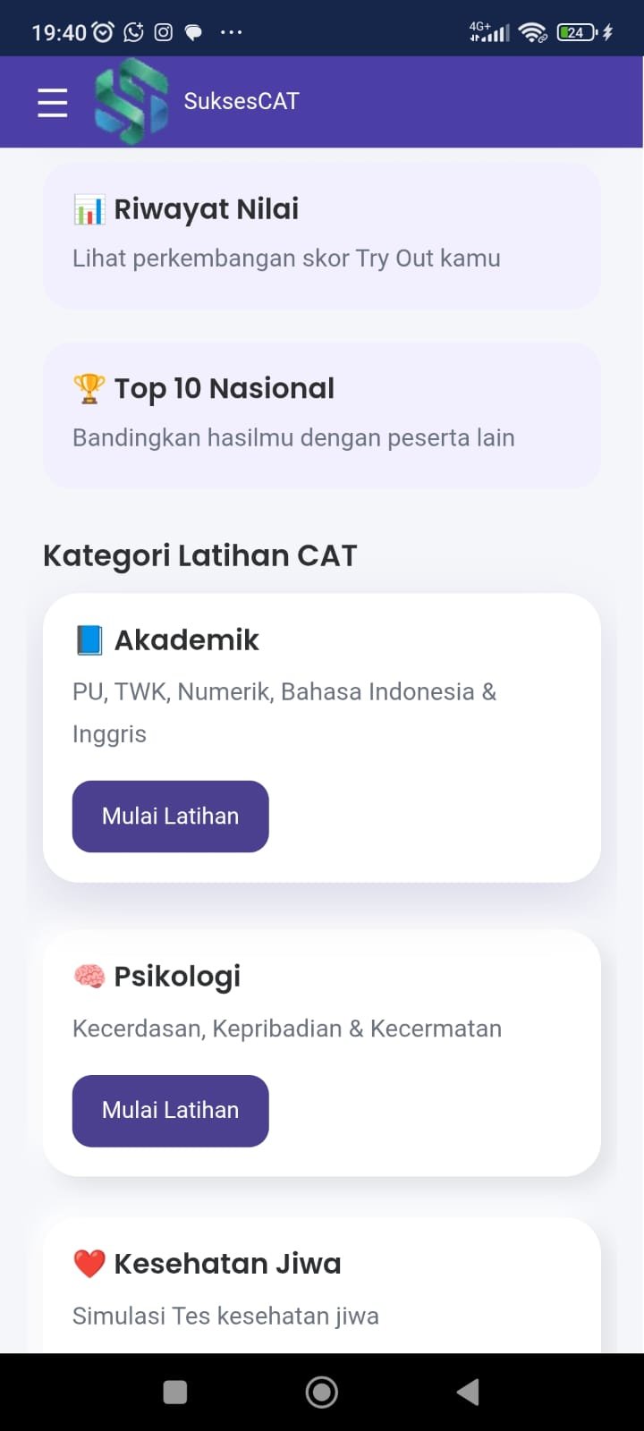 Tampilan nilai latihan
