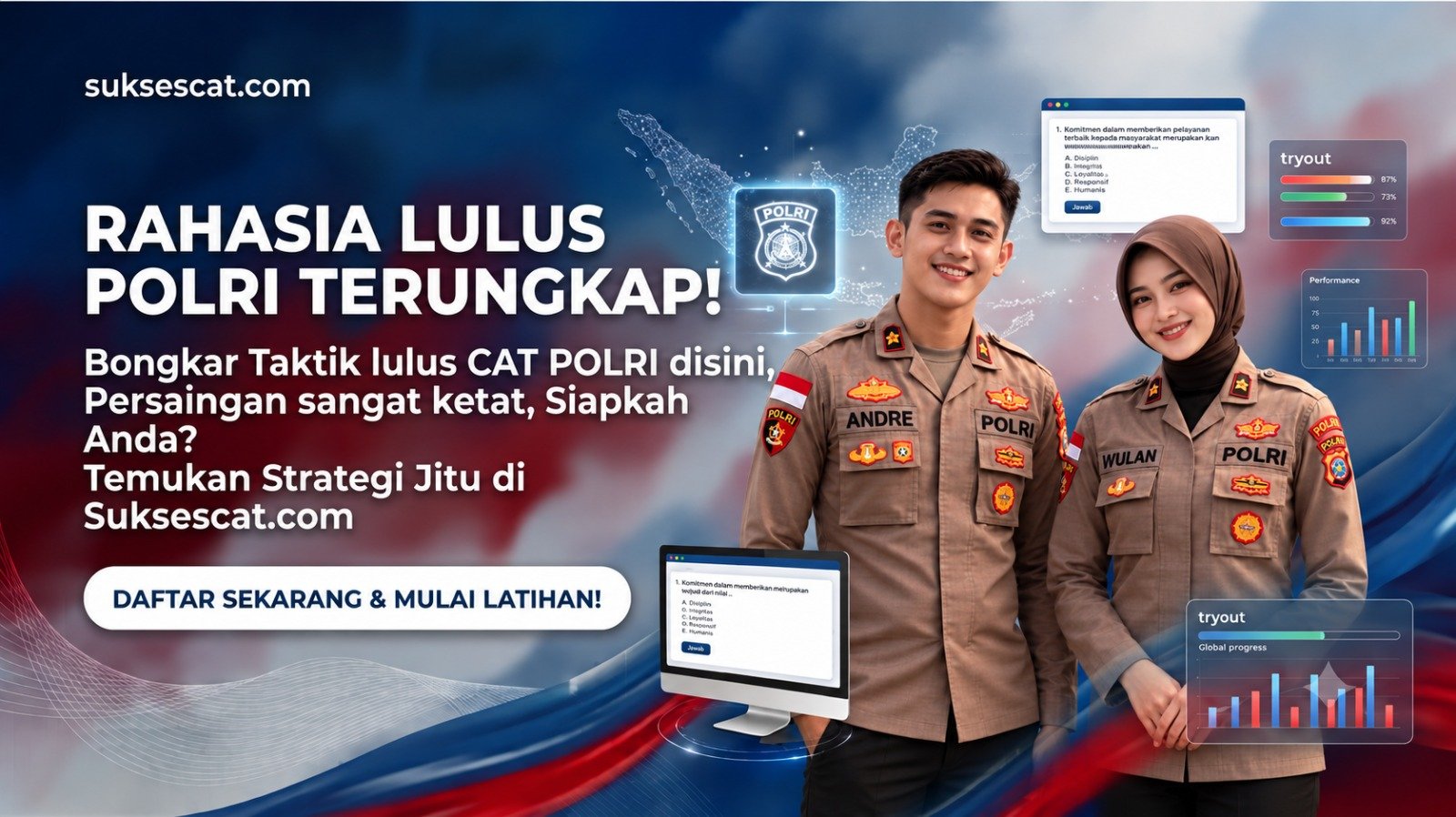 Banner Latihan CAT Akademik POLRI - sosok anggota POLRI pria dan wanita